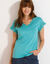 T-shirt uni col V macramé (bleu lagon)