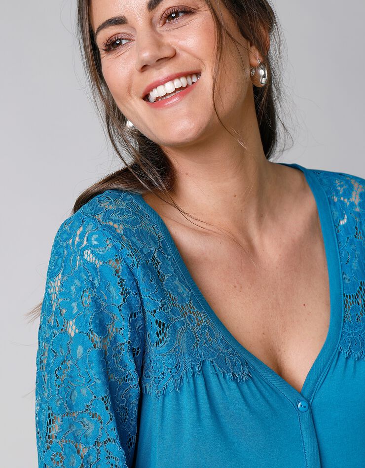 Tee-shirt boutonné manches 3/4 dentelle (bleu prusse) Tee-shirt boutonné manches 3/4 dentelle (bleu prusse)