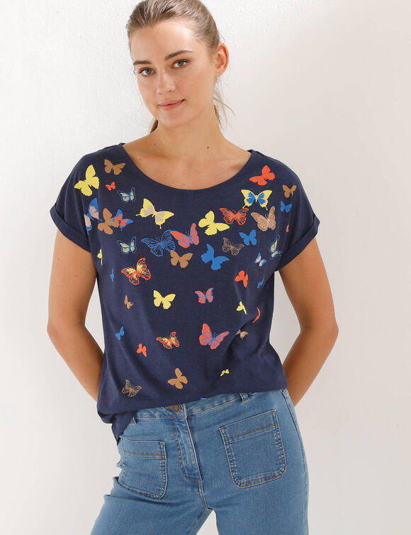 T-shirt boite, imprim&eacute; papillons (marine)