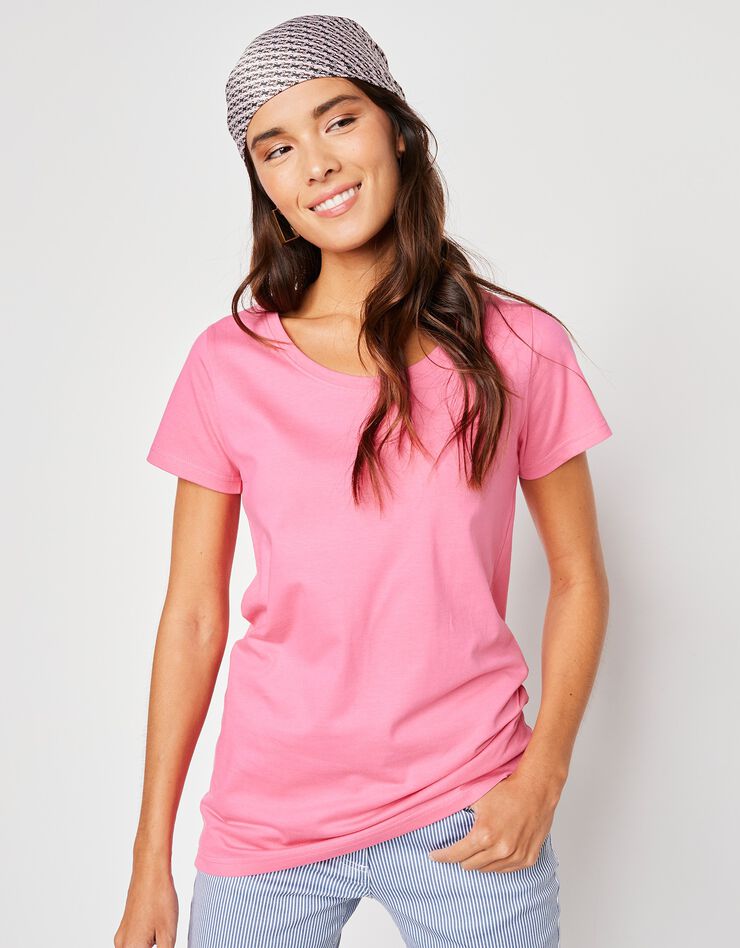 Tee-shirt col rond manches courtes uni coton (rose) Tee-shirt col rond manches courtes uni coton (rose)