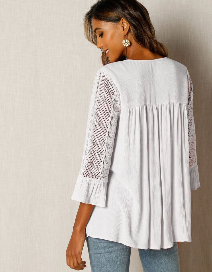 Blouse unie col V manches 3/4 macramé (blanc) Blouse unie col V manches 3/4 macramé (blanc)