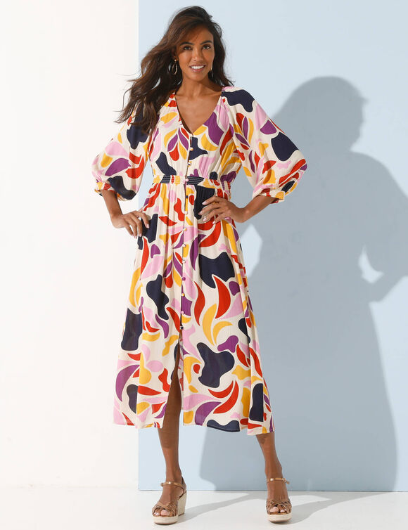 Robe longue boutonnée, crépon, imprimé maxi (marine / safran)