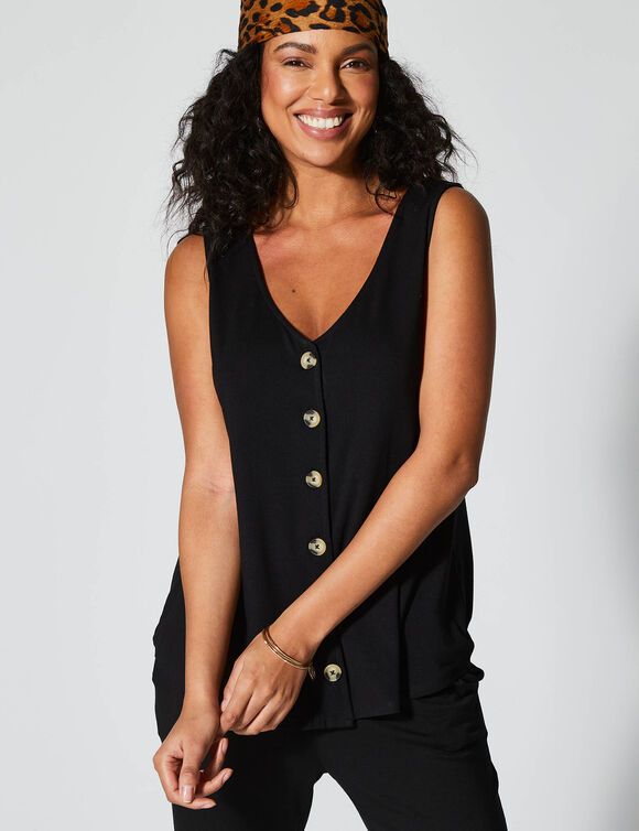 Débardeur col V boutonné uni (noir)