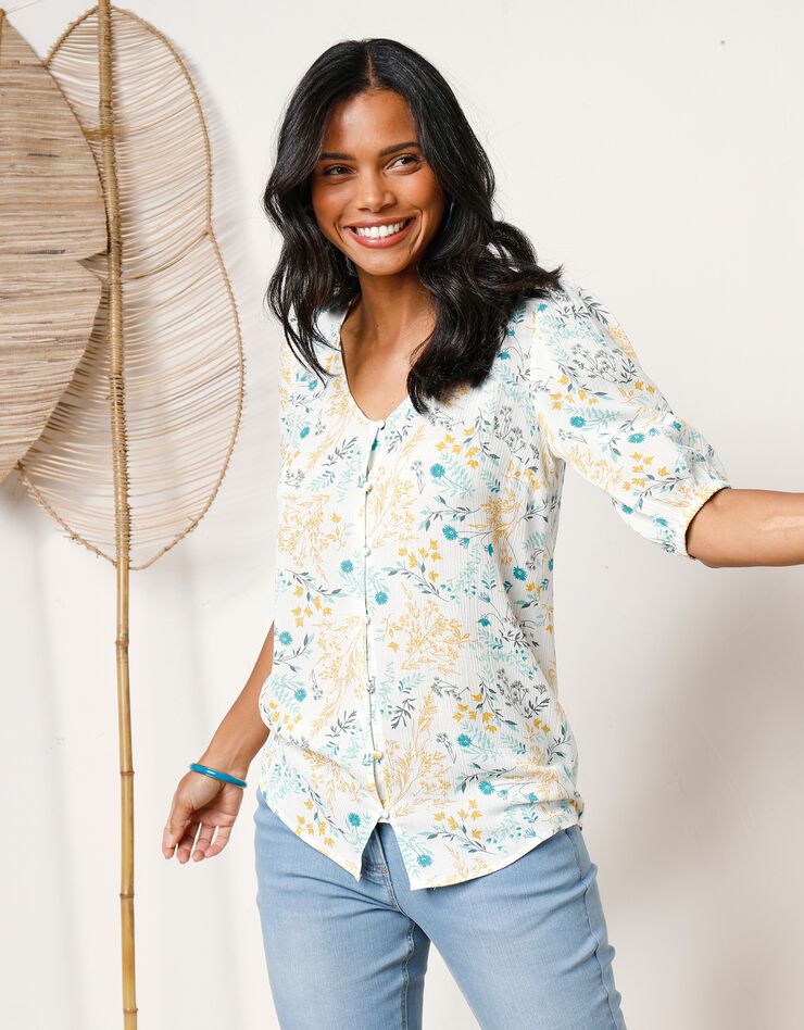 Blouse boutonnée imprimé fleuri, crépon (écru) Blouse boutonnée imprimé fleuri, crépon (écru)