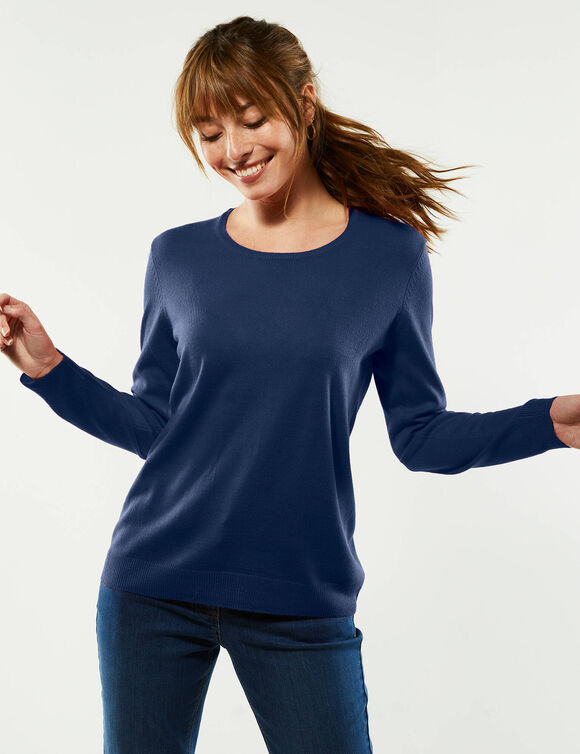 Pull col rond uni, manches longues, toucher doux (marine)