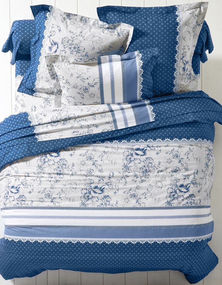 Linge de lit Gabrielle en coton imprimé pois, fleurs et dentelle (bleu marine)