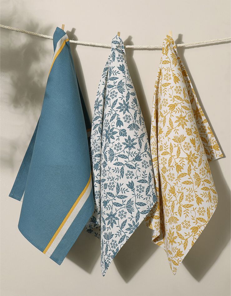 Torchon imprimé fleurs indiennes et rayures - lot de 3 (bleu + jaune) Torchon imprimé fleurs indiennes et rayures - lot de 3 (bleu + jaune)