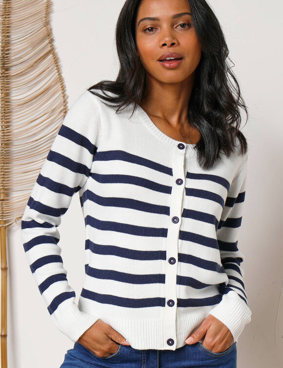 Cardigan ray&eacute; boutonn&eacute; (&eacute;cru / marine)