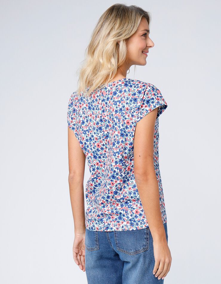 Tee-shirt col V boutonné imprimé fleuri, spécial petites (bleu / corail)