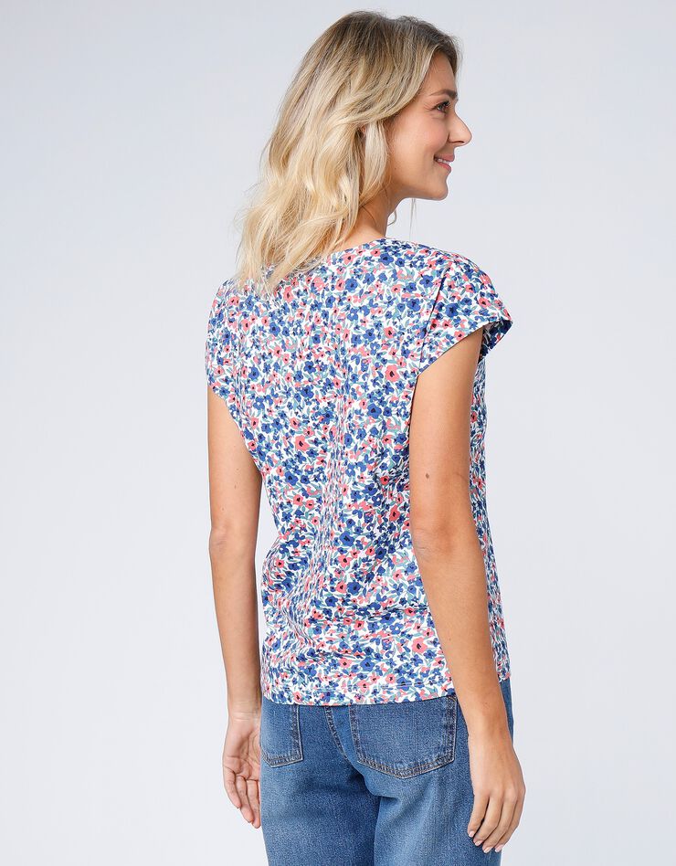 Tee-shirt col V boutonné imprimé fleuri, spécial petites (bleu / corail) Tee-shirt col V boutonné imprimé fleuri, spécial petites (bleu / corail)