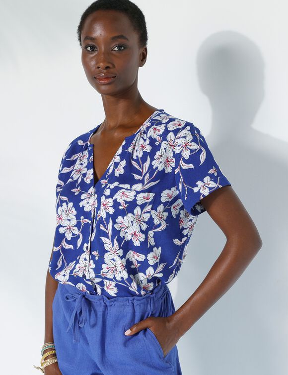 Blouse boutonnée en viscose imprimé fleuri, manches courtes (bleu dur / blanc)