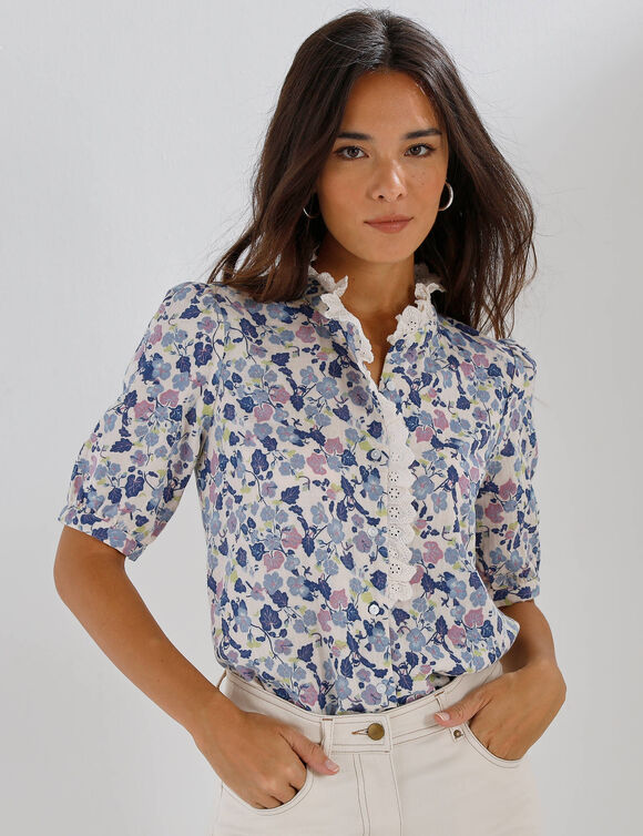 Chemisier imprim&eacute; fleurs, en gaze de coton    (bleu / parme)