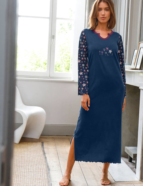 Chemise de nuit imprim&eacute;e fleurs - manches longues (marine)