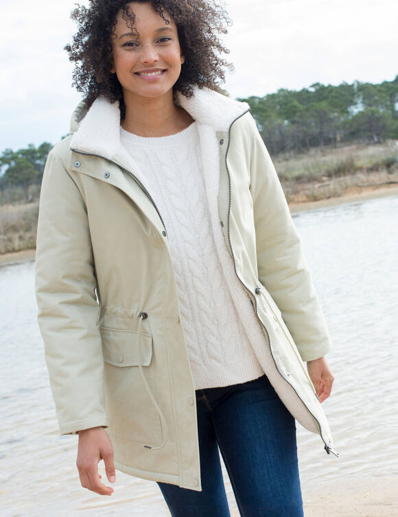 Parka déperlante à capuche, doublée polaire sherpa (mastic)