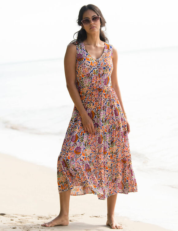 Robe longue à volants, crépon imprimé (orange / rose)