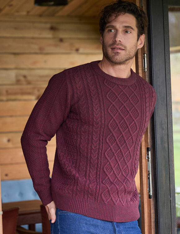 Pull col rond maille irlandaise (bordeaux chiné)