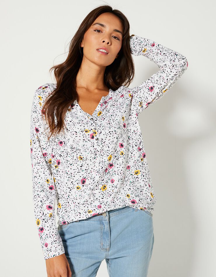 Tee-shirt col tunisien manches longues, imprimé (blanc) Tee-shirt col tunisien manches longues, imprimé (blanc)