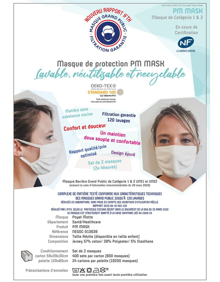 Masque barrière UNS1 en tissu conforme AFNOR SPEC S76-00 lavable 120 fois à 60° - lot de 2 (blanc) Masque barrière UNS1 en tissu conforme AFNOR SPEC S76-00 lavable 120 fois à 60° - lot de 2 (blanc)