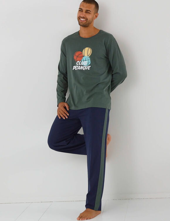 Pyjama message motif p&eacute;tanque manches longues  (vert / marine)