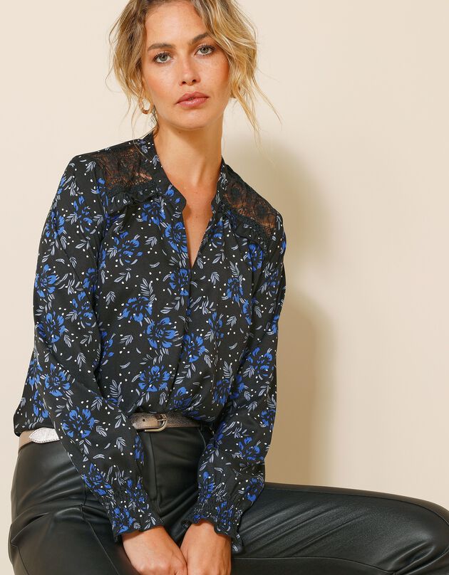 Blouse dentelle manches longues imprimé fleuri (noir / bleu)
