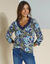 T-shirt imprimé col V macramé, manches 3/4 (marine / bleu)