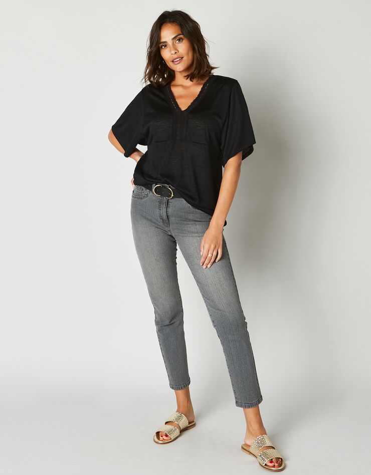 Tee-shirt col V macramé, effet lin (noir) Tee-shirt col V macramé, effet lin (noir)