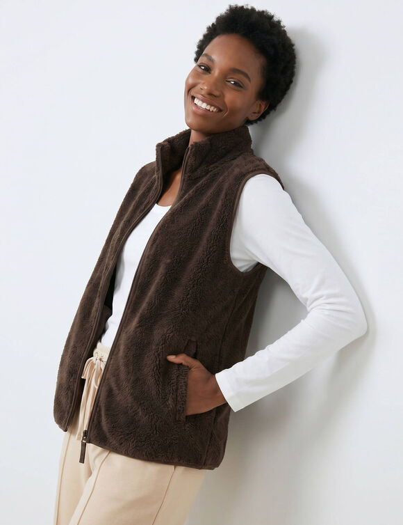 Veste zipp&eacute;e col montant, sans manches, maille polaire (chocolat)