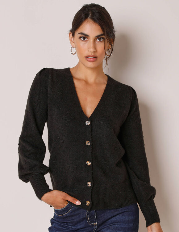 Gilet boutonné maille fantaisie (noir)