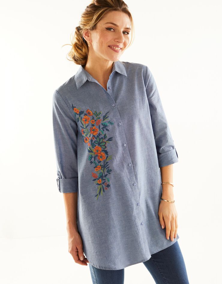 Tunique boutonnée brodée, chambray (chambray) Tunique boutonnée brodée, chambray (chambray)