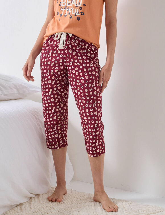 Pantacourt pyjama imprimé "Beautiful" (bordeaux / écru)