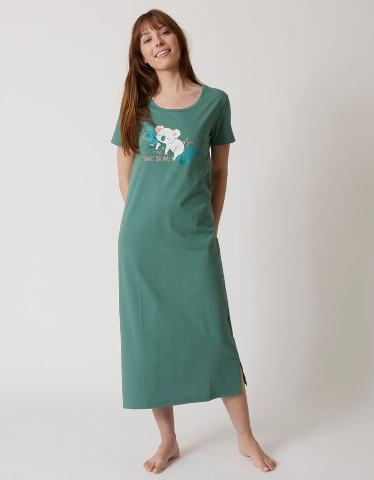 Chemise de nuit longue à manches courtes imprimé koala (kaki) Chemise de nuit longue à manches courtes imprimé koala (kaki)