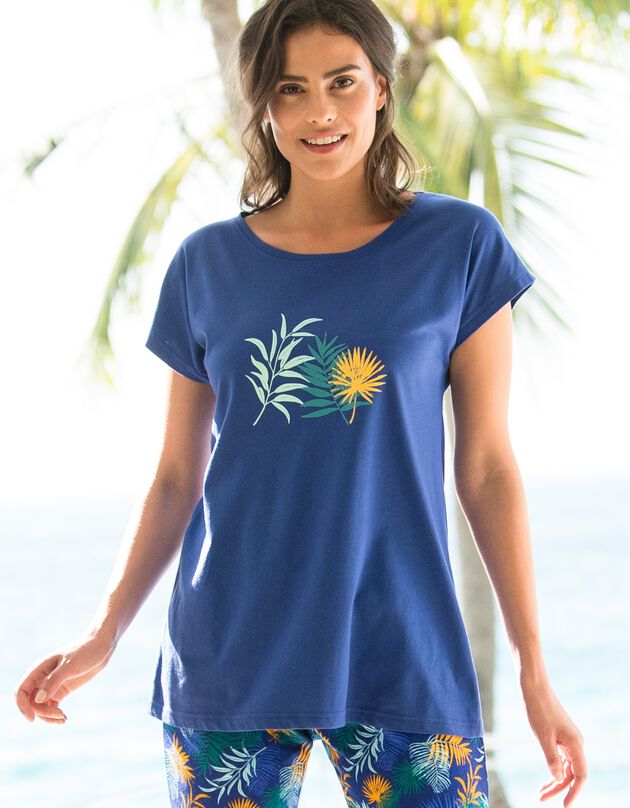 Tee-shirt de pyjama en coton manches courtes - uni tropical (bleu)