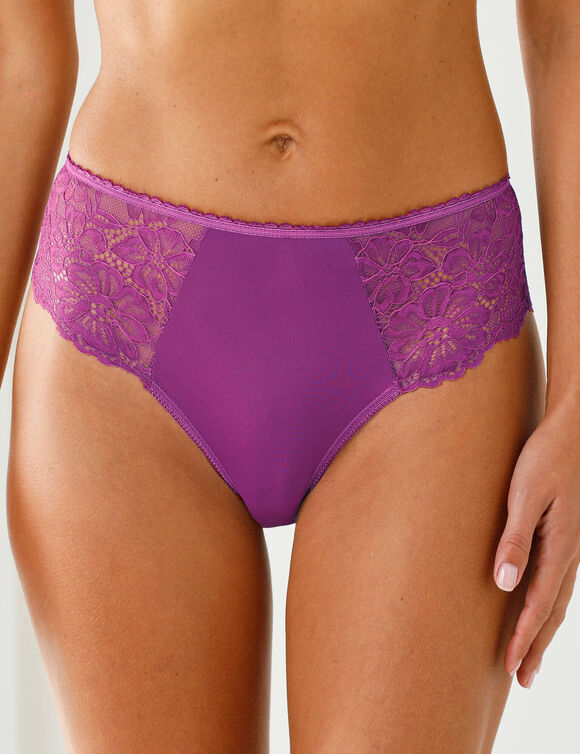 Culotte microfibre et dentelle stretch forme tanga taille haute - lot de 2 (prune + nude)