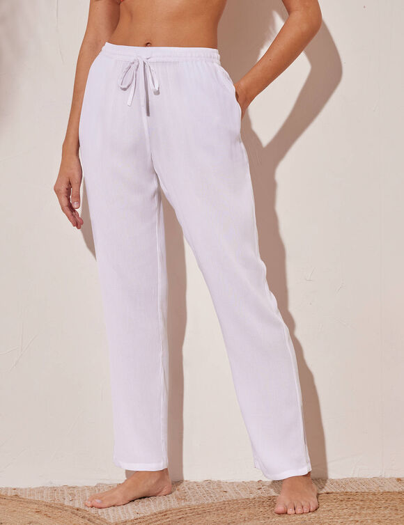 Pantalon droit uni, crépon fluide (blanc)