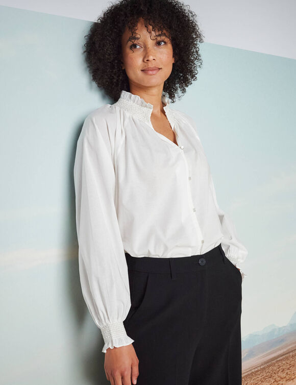 Chemisier uni détails smockés, manches blousantes (écru)