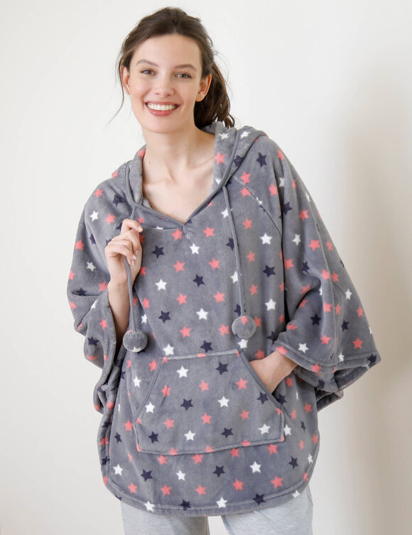 Poncho &agrave; capuche, maille polaire toucher peluche (gris / rose)