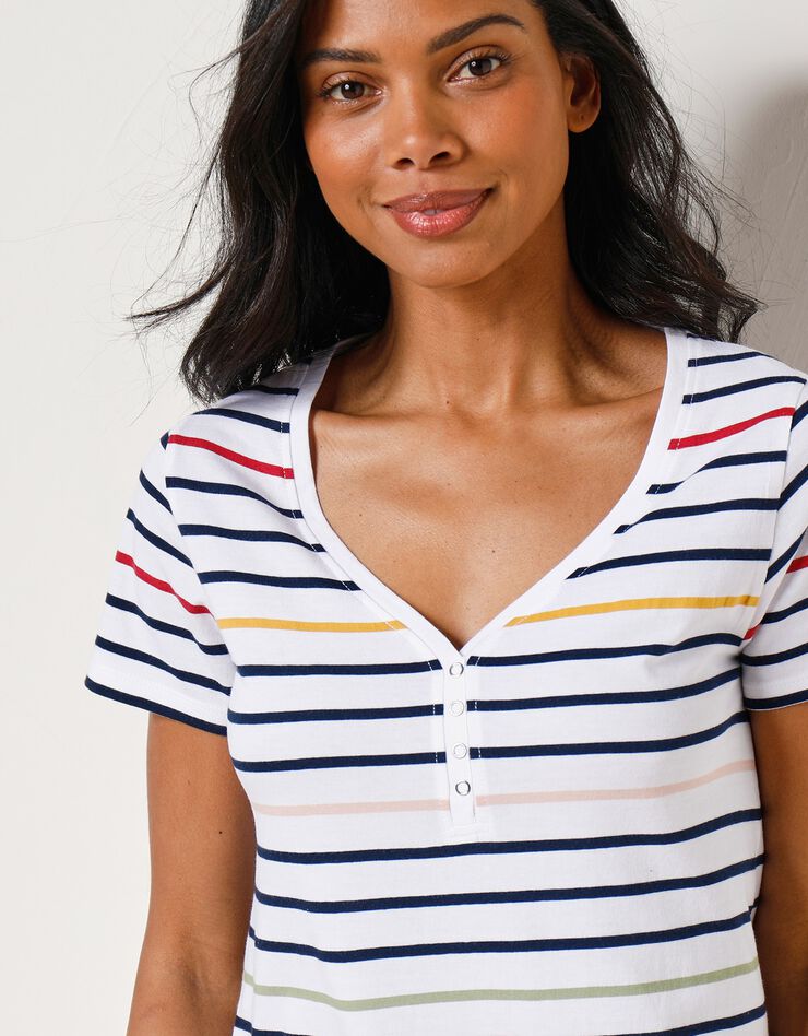 Tee-shirt col V rayé multicolore (blanc / multicolore) Tee-shirt col V rayé multicolore (blanc / multicolore)