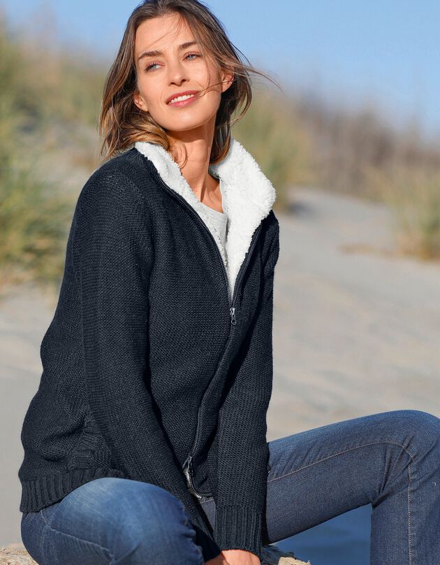 Gilet zippé 30% laine fourré "maille peluche" (marine)