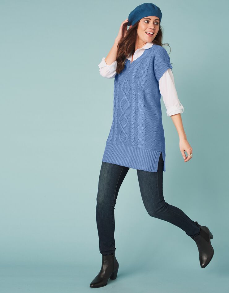 Pull tunique torsadé manches courtes, toucher cachemire (bleu grisé) Pull tunique torsadé manches courtes, toucher cachemire (bleu grisé)