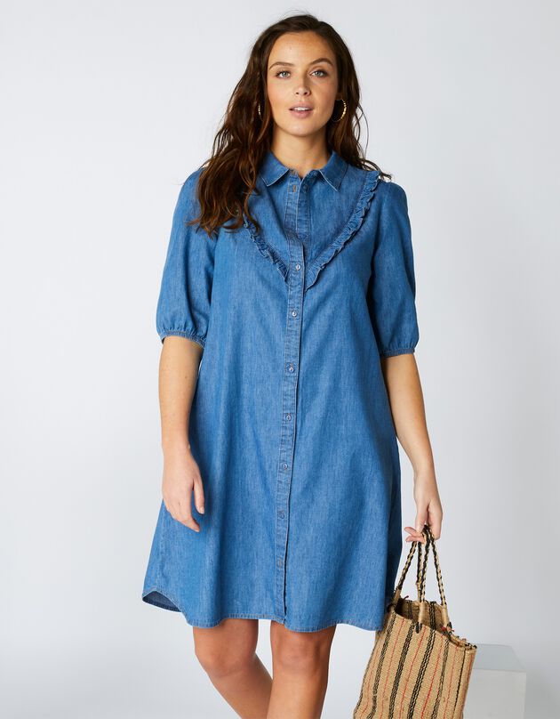 Robe chemisier boutonnée volantée, denim léger (bleached) Robe chemisier boutonnée volantée, denim léger (bleached)