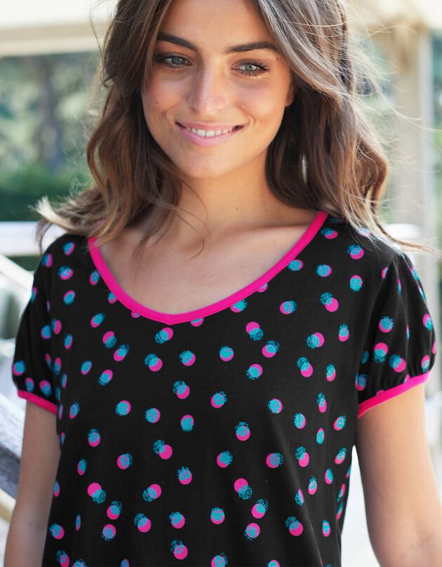 Tee-shirt manches courtes coton Enjoy imprimé pois  (noir / fuchsia)