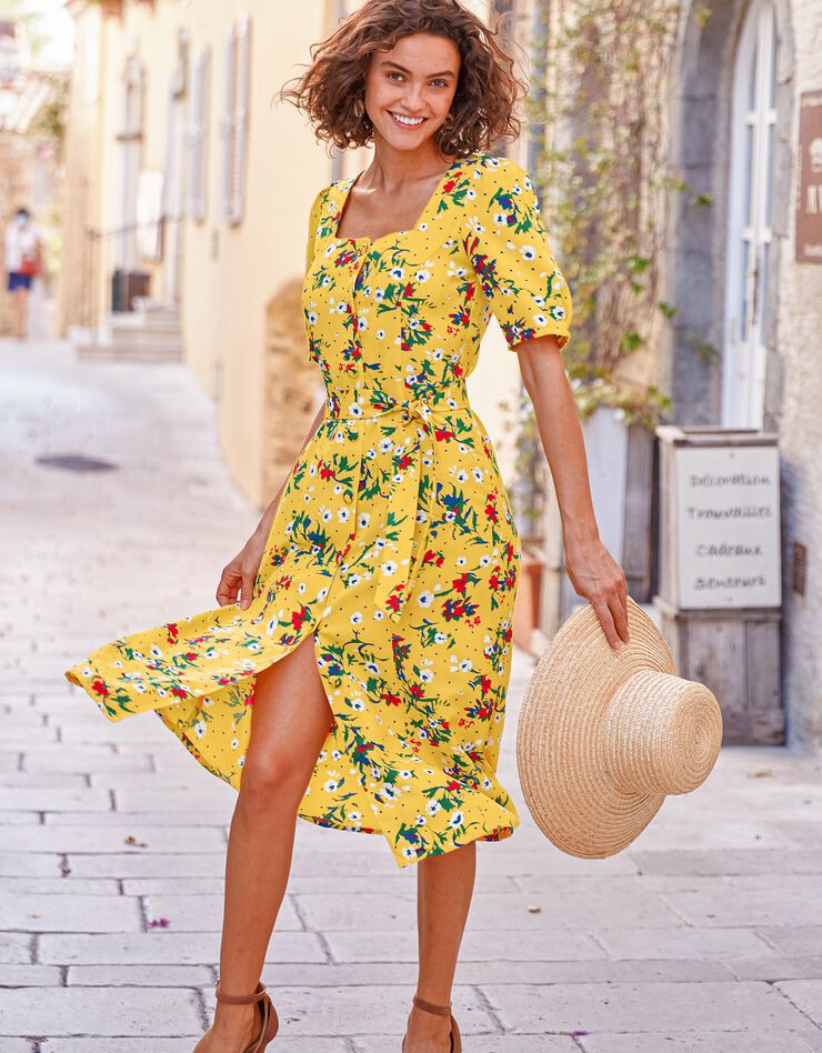 Robe imprimée boutonnée col carré (jaune / vert) Robe imprimée boutonnée col carré (jaune / vert)