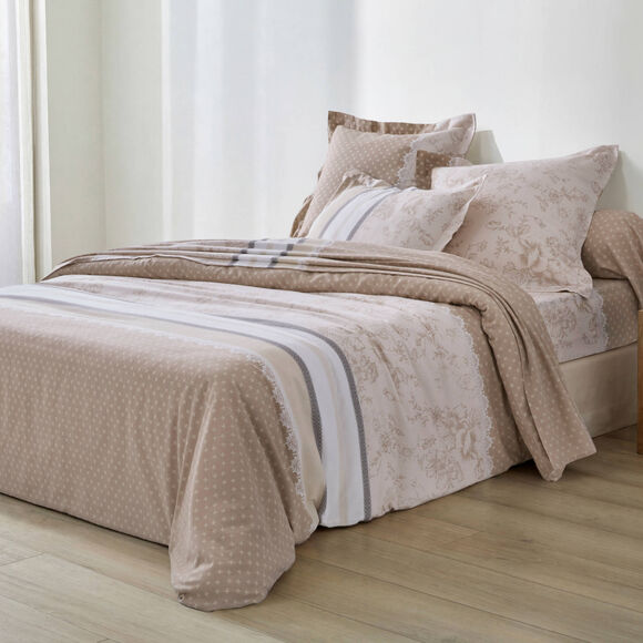 Linge de lit Gabrielle imprim&eacute; pois-fleurs-dentelle - flanelle 150 g/m&sup2; (sable)
