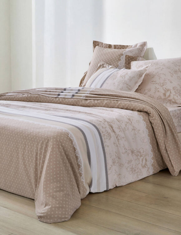 Linge de lit Gabrielle imprim&eacute; pois-fleurs-dentelle - flanelle 150 g/m&sup2; (sable)