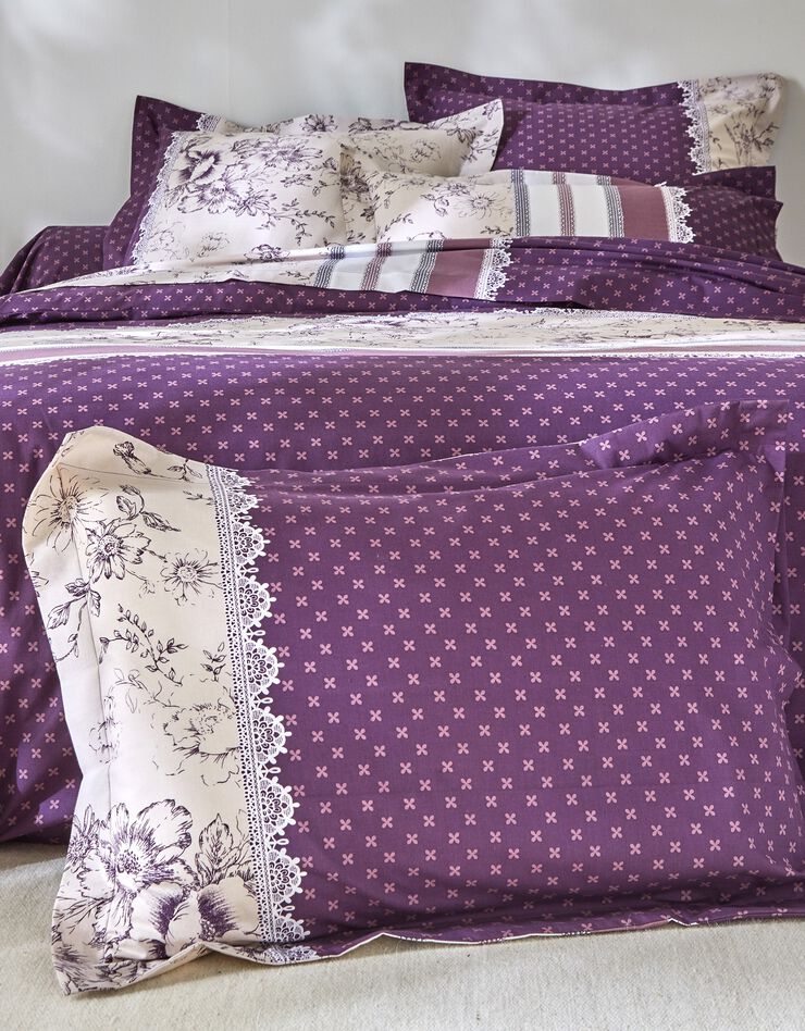 Linge de lit Gabrielle en flanelle imprimé fleurs et dentelle (prune)