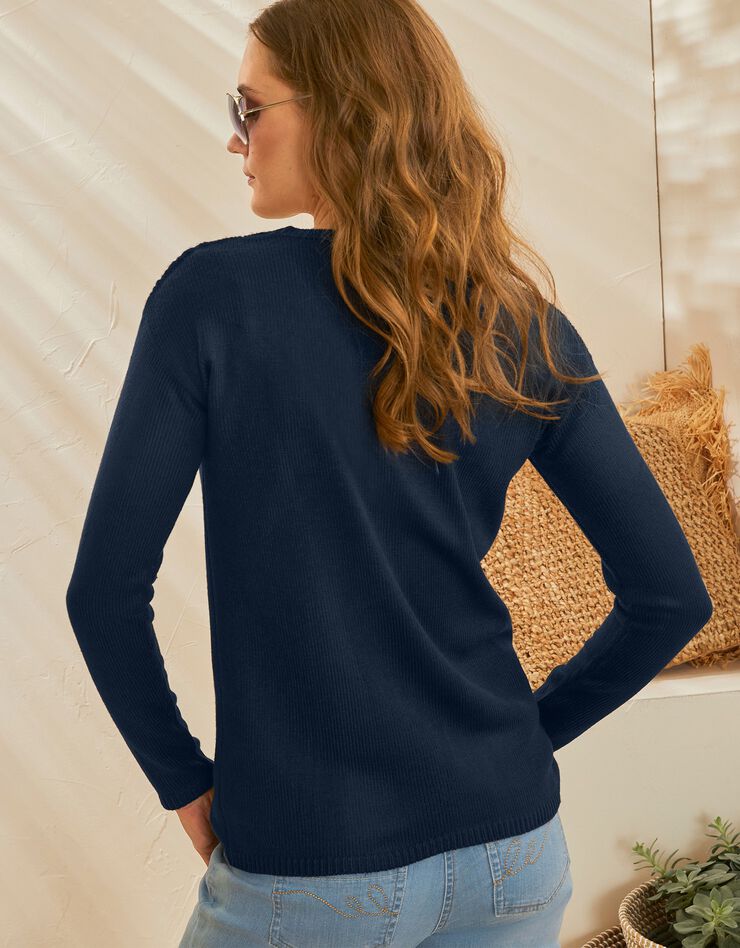 Pull col rond, maille ajourée toucher cachemire (marine) Pull col rond, maille ajourée toucher cachemire (marine)