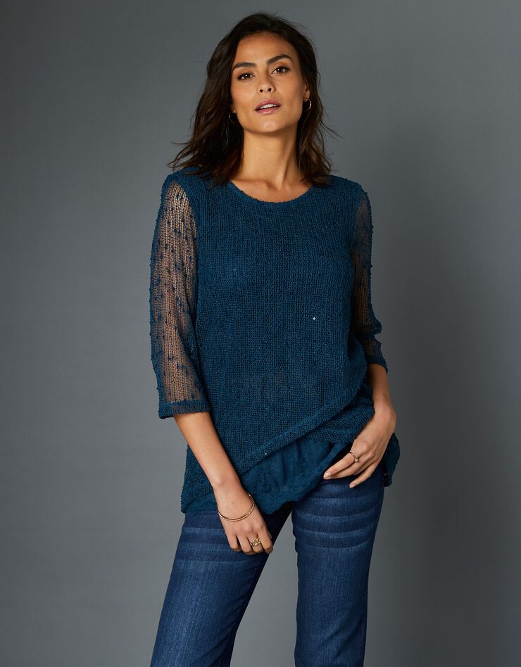 Pull fantaisie effet 2en1 manches 3/4 (bleu canard) Pull fantaisie effet 2en1 manches 3/4 (bleu canard)