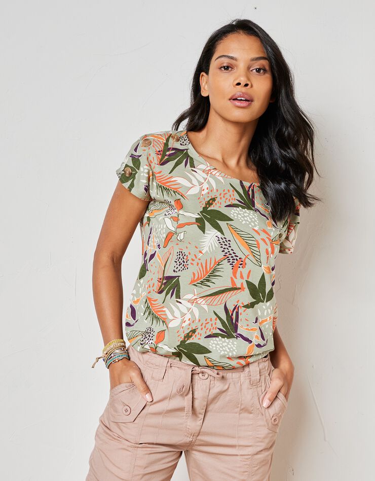 Tee-shirt col rond imprimé tropical (kaki / tomette) Tee-shirt col rond imprimé tropical (kaki / tomette)