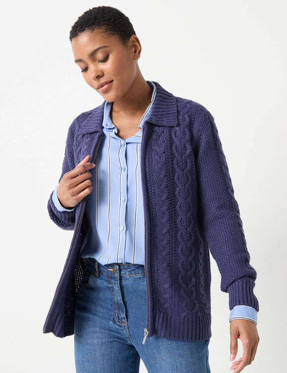 Gilet zippé col polo, maille torsadée (marine)