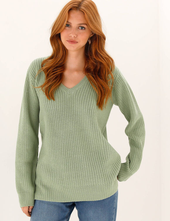 Pull tunique col V, maille anglaise (vert p&acirc;le)